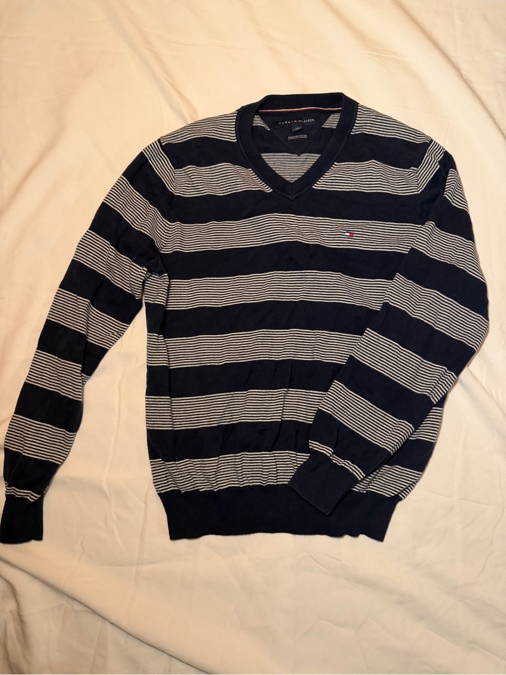 Tommy Hilfiger Navy and White Striped V-Neck Sweater